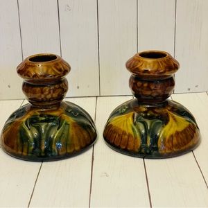 Vintage Pottery Multicolor Brush Candle Stick Holders Set Of 2